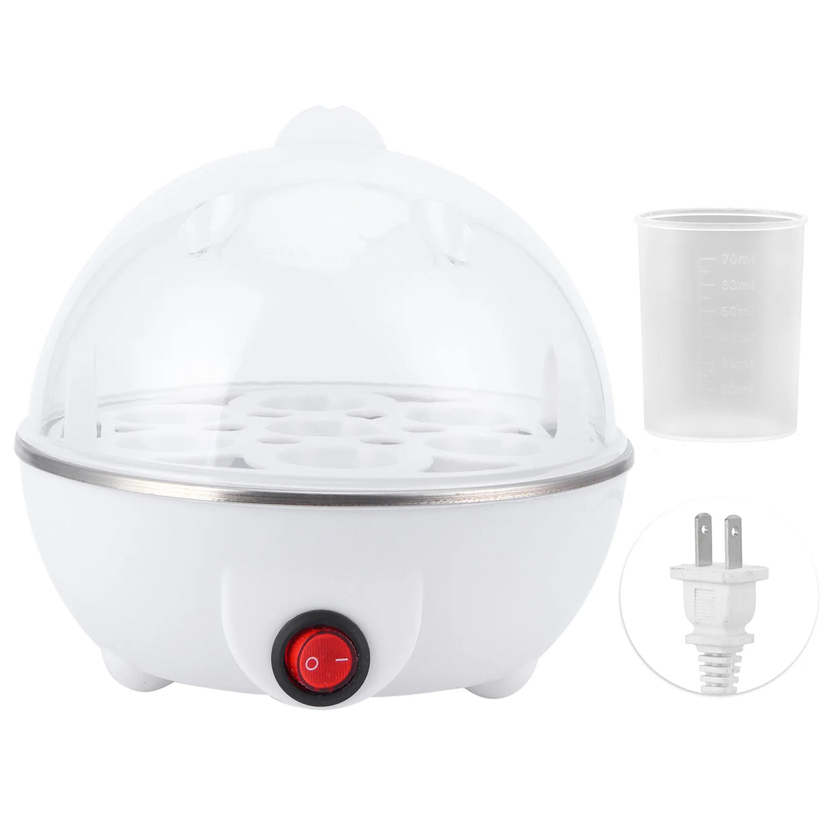 Electric egg boiler with clear dome lid, egg rack, red on/off switch and measuring cup