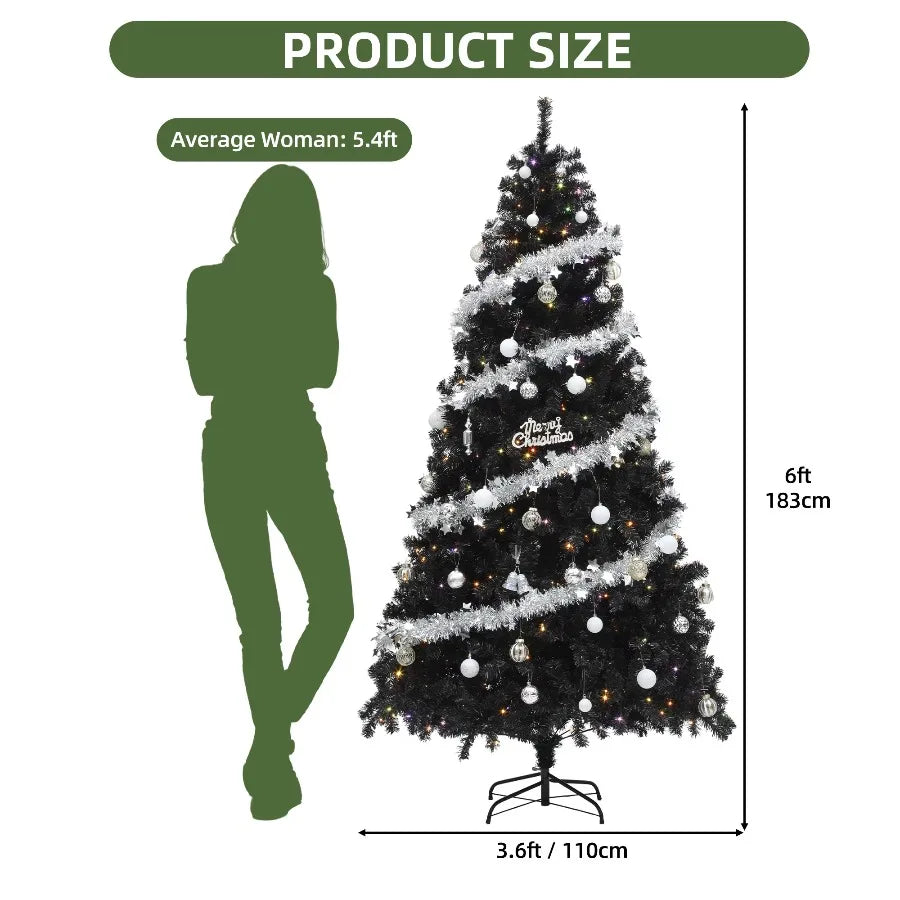 Uforic 6ft black pre-lit artificial pine Christmas tree with 818 branch tips and 250 lights, remote control