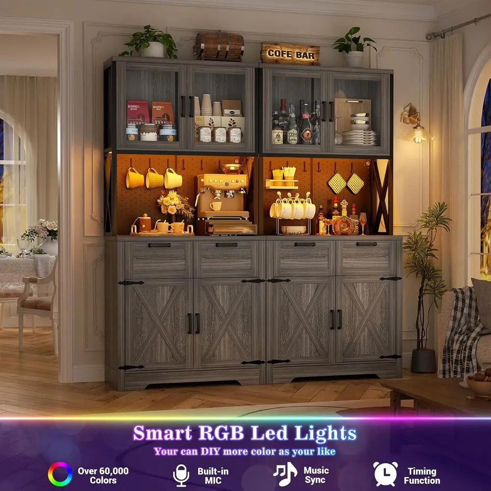 71" Tall Kitchen Pantry Storage Cabinet with LED Light & Outlet, 63" Wide Kitchen Hutch Cabinet with Large Countertop, DIY Pegbo