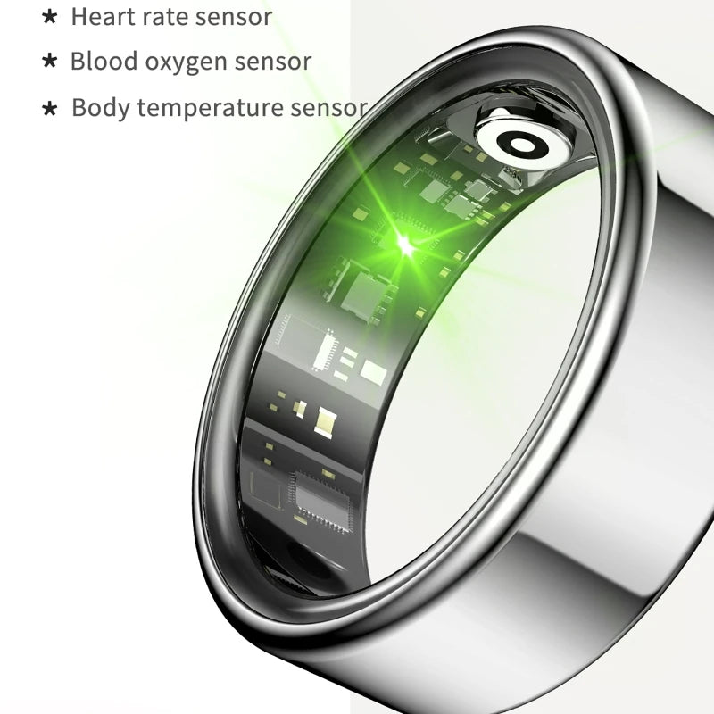 Smart Ring R09 health monitor by S And B Enterprise, silver metal band with visible circuitry and green LED