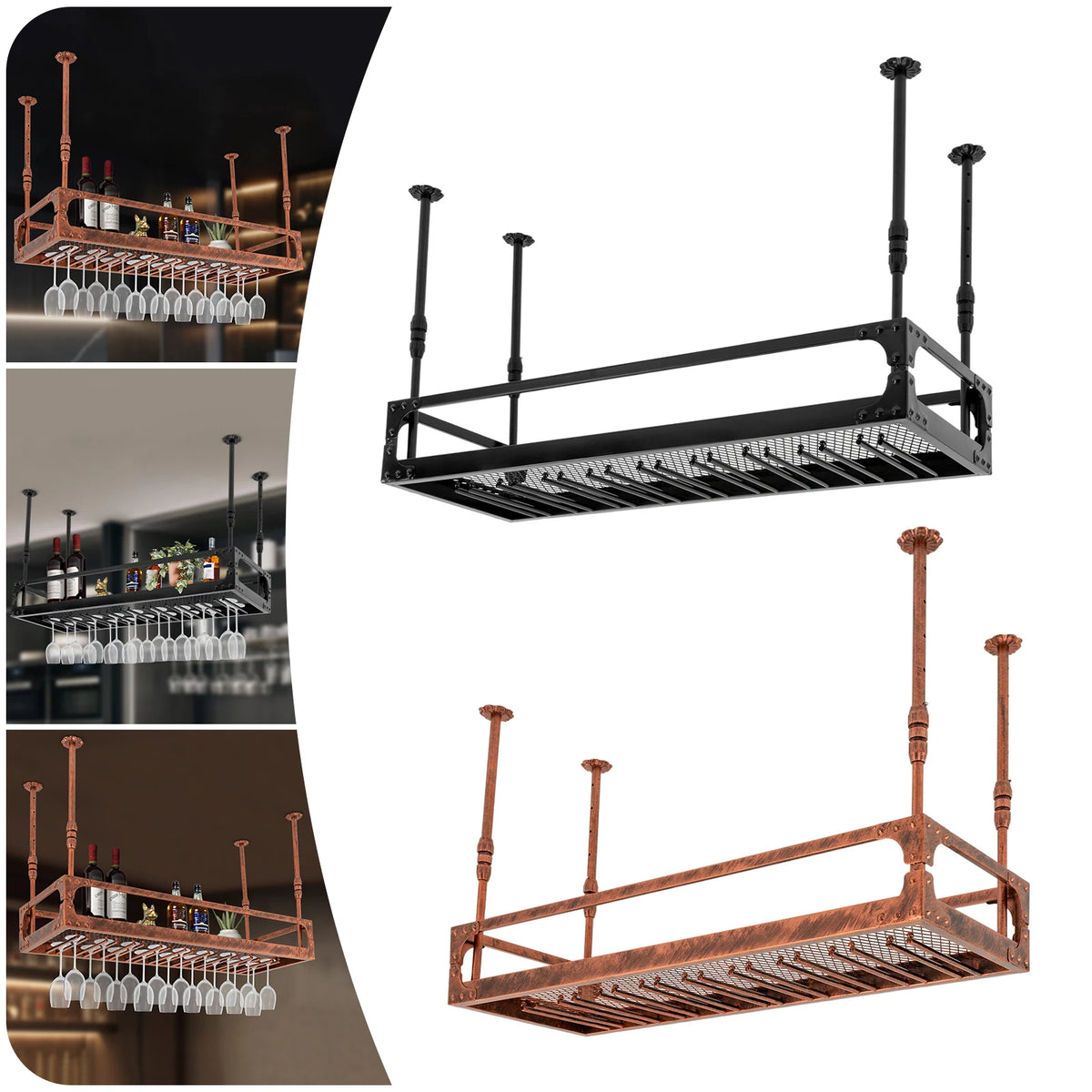 Vintage bar hanging wine bottle holder, ceiling-mounted shelf with glass rack; copper and black finishes shown