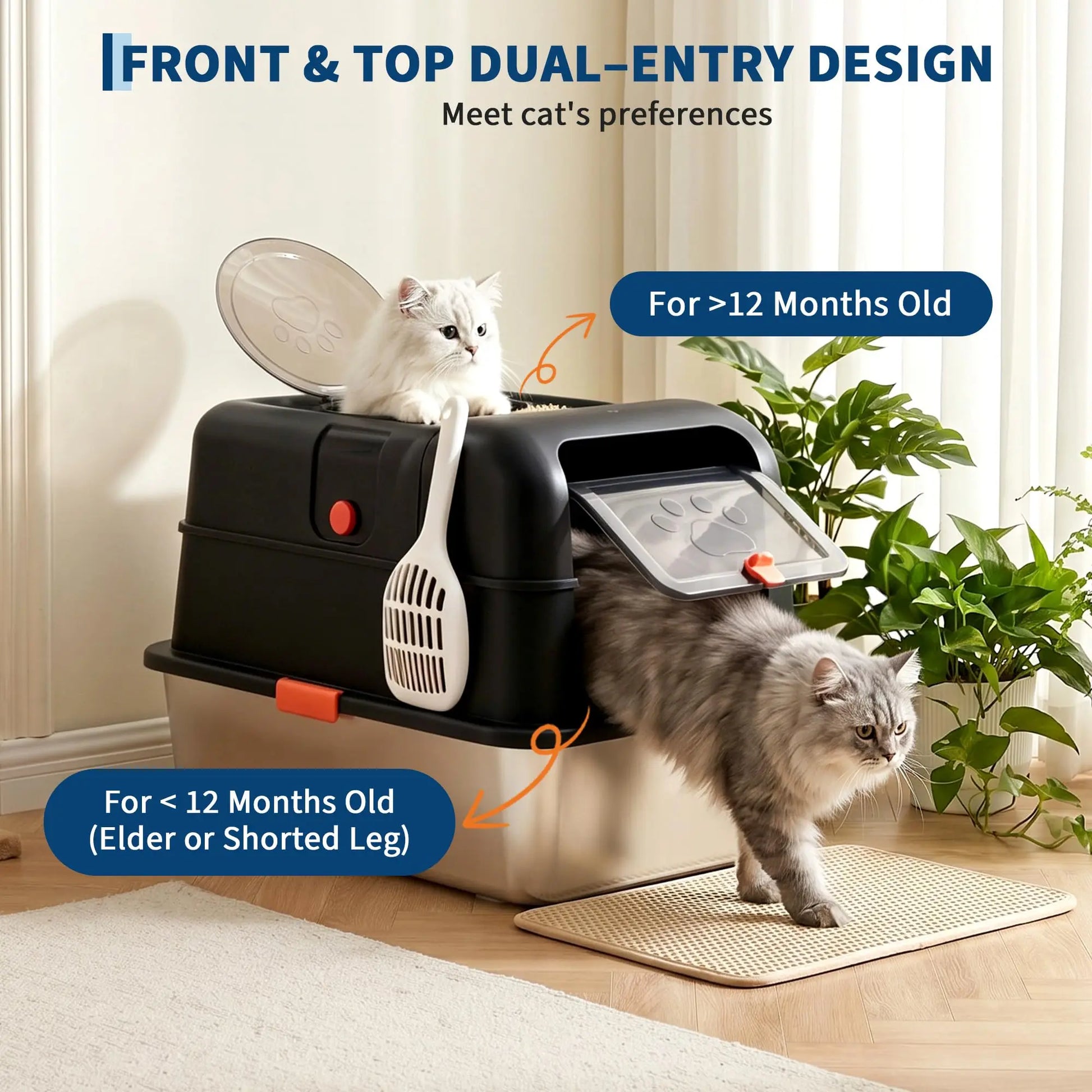 Enclosed Stainless Steel Litter Box With Lid Dog Proof XL Metal Litter Pan High Sided Anti Leak Front Entry Top Exit For Big Cats Includes Scoop For Multi Cat Home by S And B Enterprise