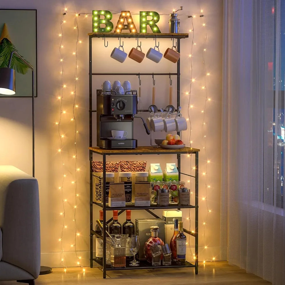 Farmhouse 4 Tier Coffee Bar Station With 8 Hooks And Ample Storage