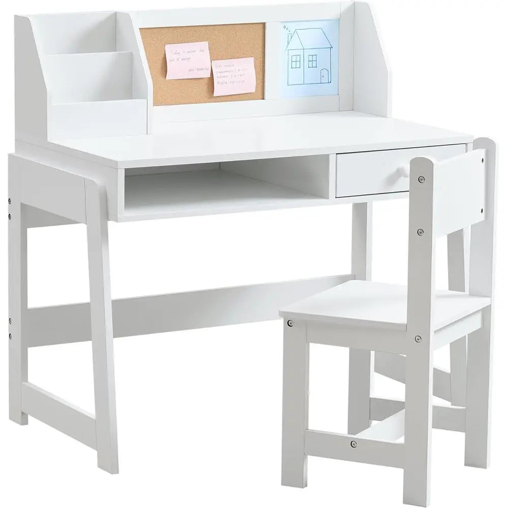 White wooden kids study desk and chair set with storage shelf and hutch by S And B Enterprise