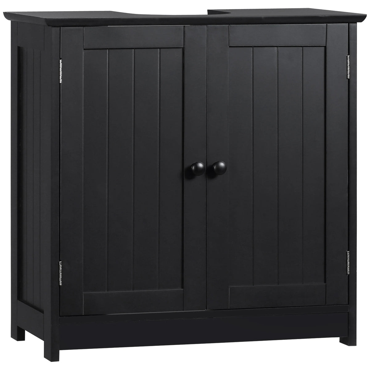 Under-sink bathroom cabinet in black with two paneled doors and round knobs