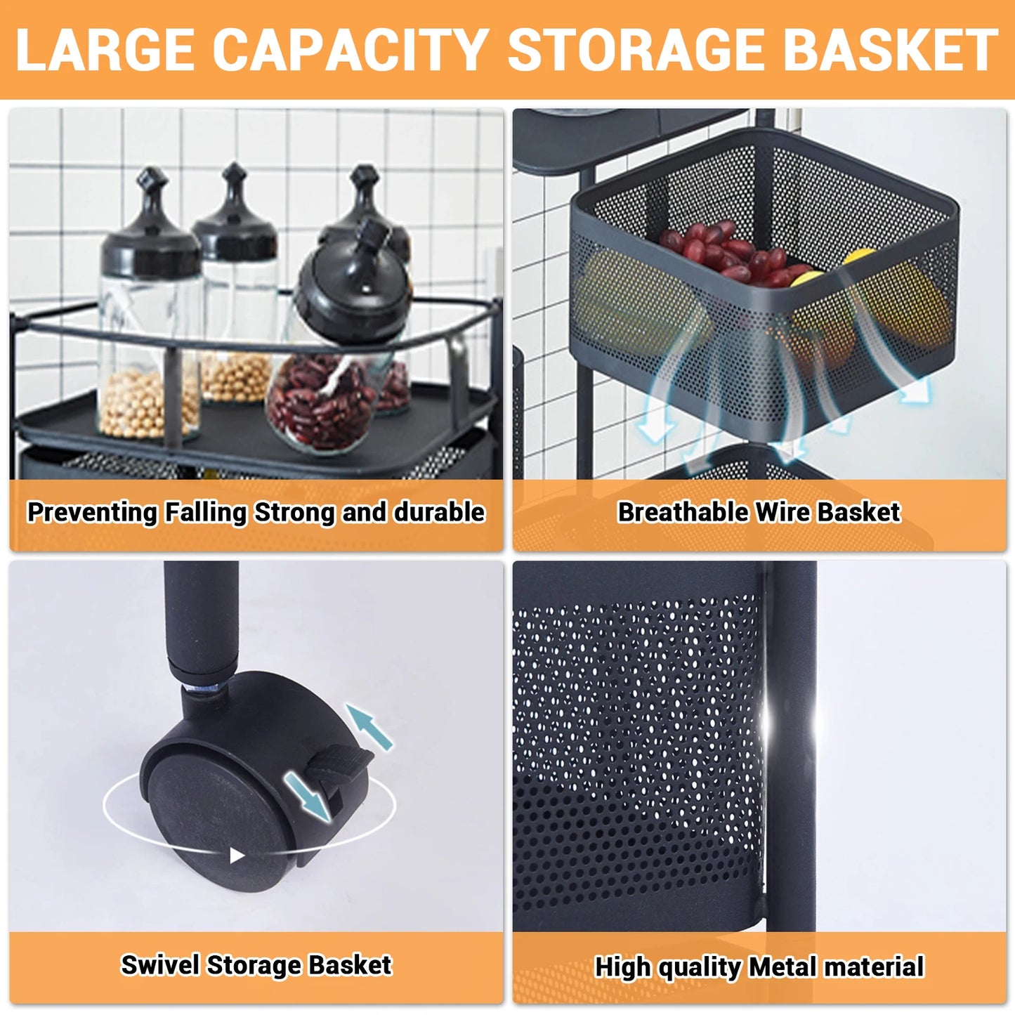 5-Tier Rotating Vegetable Storage Rack with Wheels, Metal Mesh Fruit Basket with Lid, Potato Onion Storage Organizer Cart for Kitchen,Pantry, Rolling Snack Cart for Office,Bedroom, No Assembly