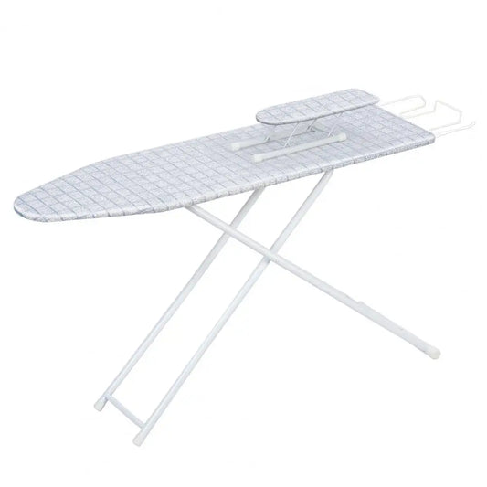 Full-Size Foldable Ironing Board 42 Inch with blue plaid heat-resistant cover, height adjustable, non-slip legs