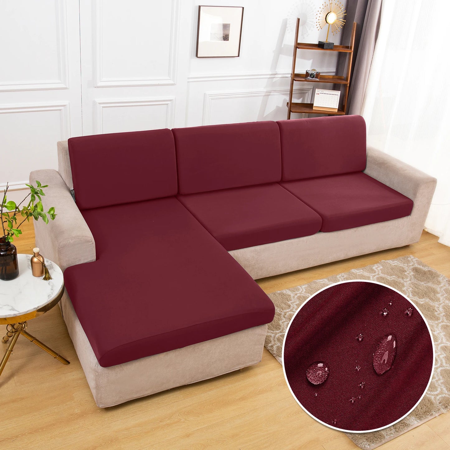 Three burgundy waterproof sofa cushion covers by S And B Enterprise with non-slip silky stretch fabric on beige sofa