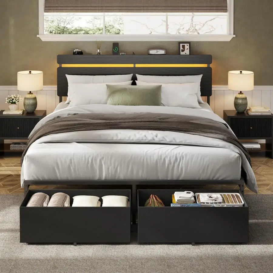 Vellivy Bed Frame With Wood Headboard And Storage Drawers