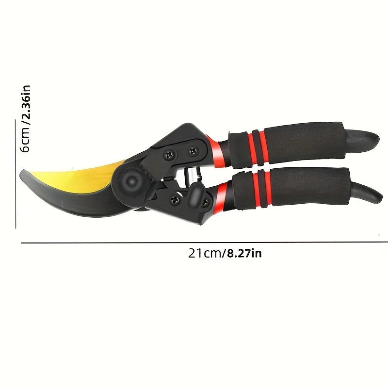 Professional heavy-duty pruning shears with SK-5 blade, yellow curved blade and black cushioned handles