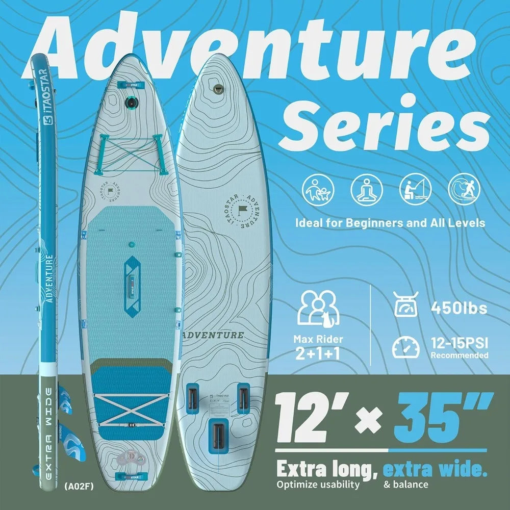Extra wide inflatable stand-up paddle board with blue-turquoise deck and 5 fins, 12' x 35', for youth and adults