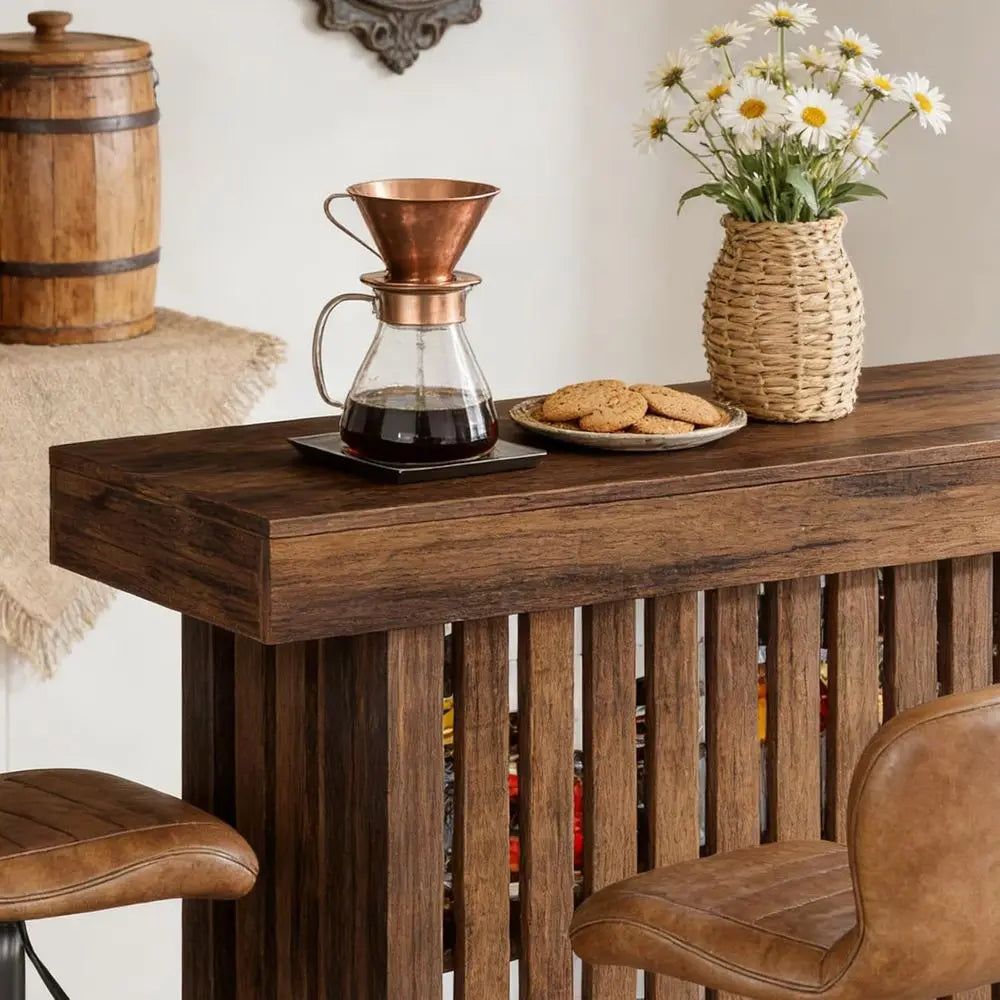 Rustic Home Bar Table With 2-Tier Storage