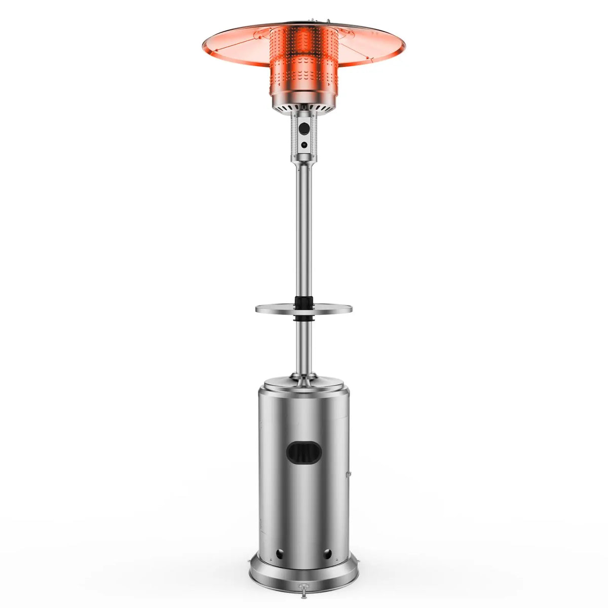S And B Enterprise 48000 BTU propane patio heater in stainless steel with orange glass top