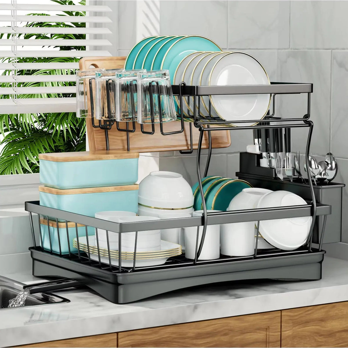 Large two-tier dish drying rack by S And B Enterprise; black metal frame with removable upper rack.