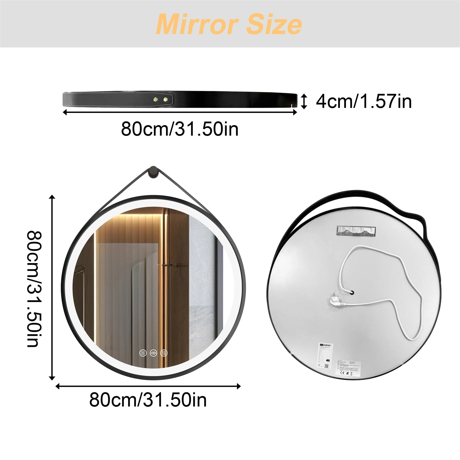 Round LED Bathroom Mirror With Leather Strap Frontlit Touch Antifog by S And B Enterprise