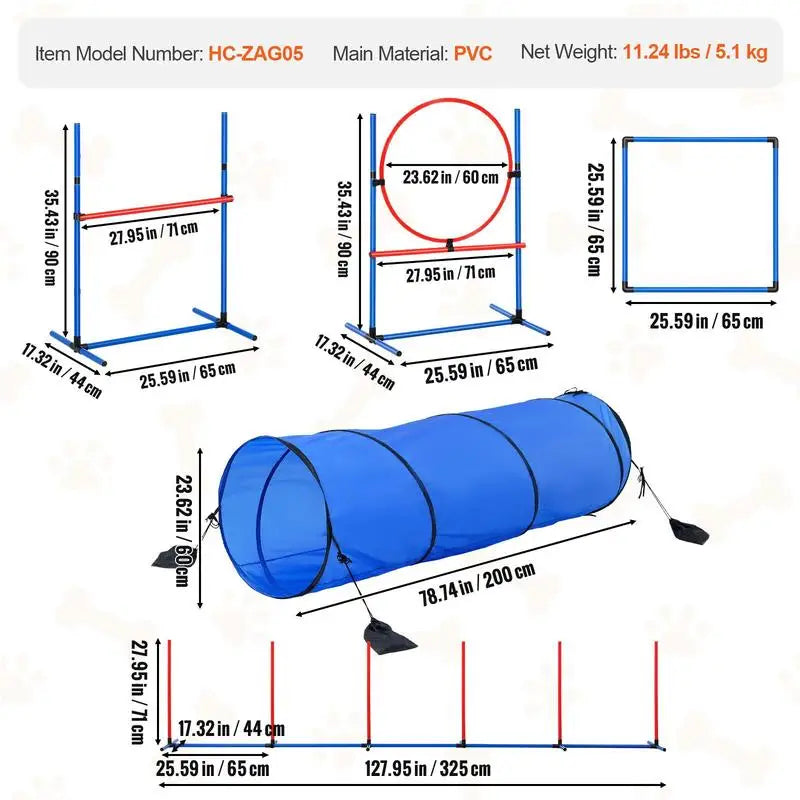 Dog agility obstacle course set by S And B Enterprise; blue PVC 5-piece with adjustable hurdles, slalom poles, tunnel.