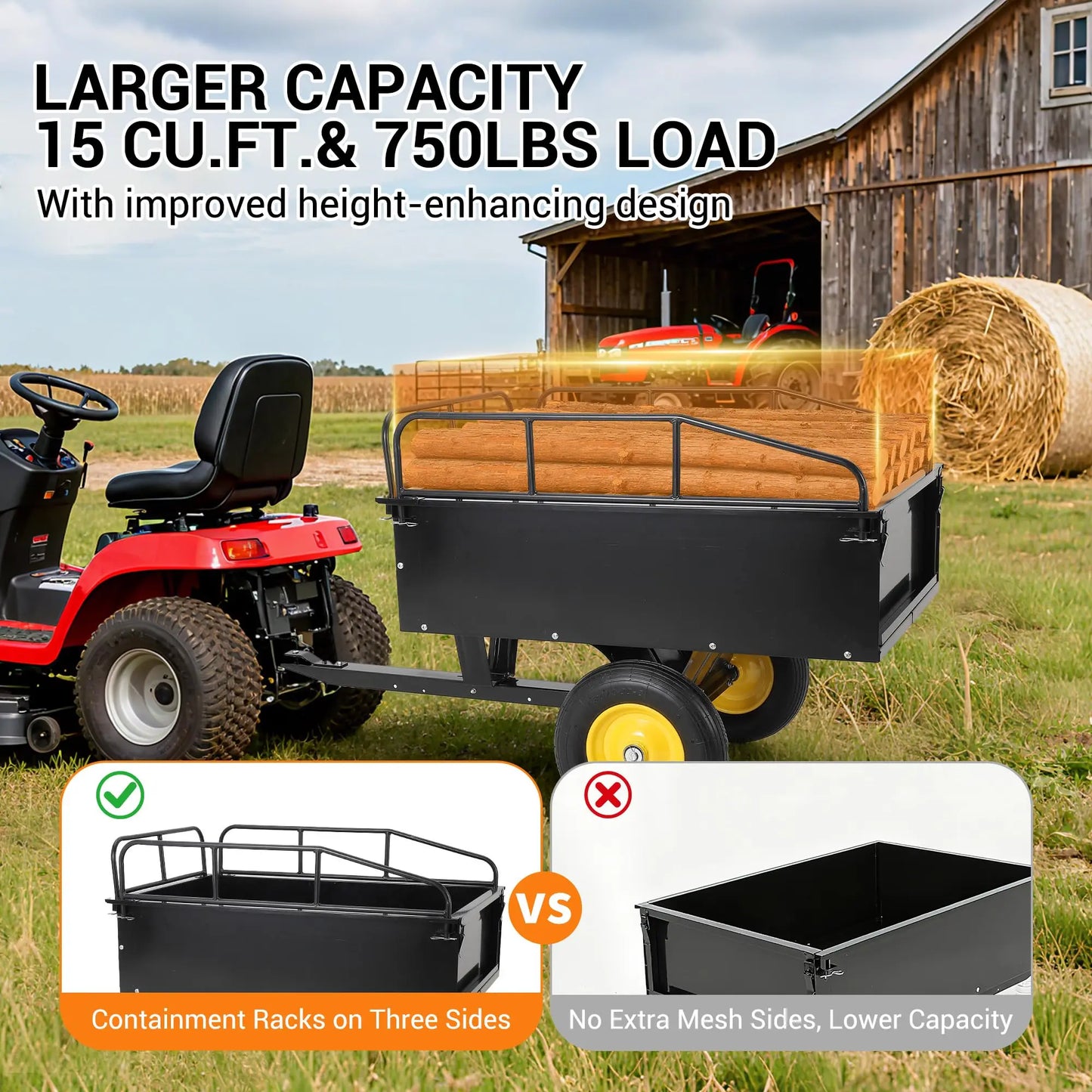 750 lb steel dump cart by S And B Enterprise, 17 cu ft capacity with removable sides for ATV/UTV lawn trailer