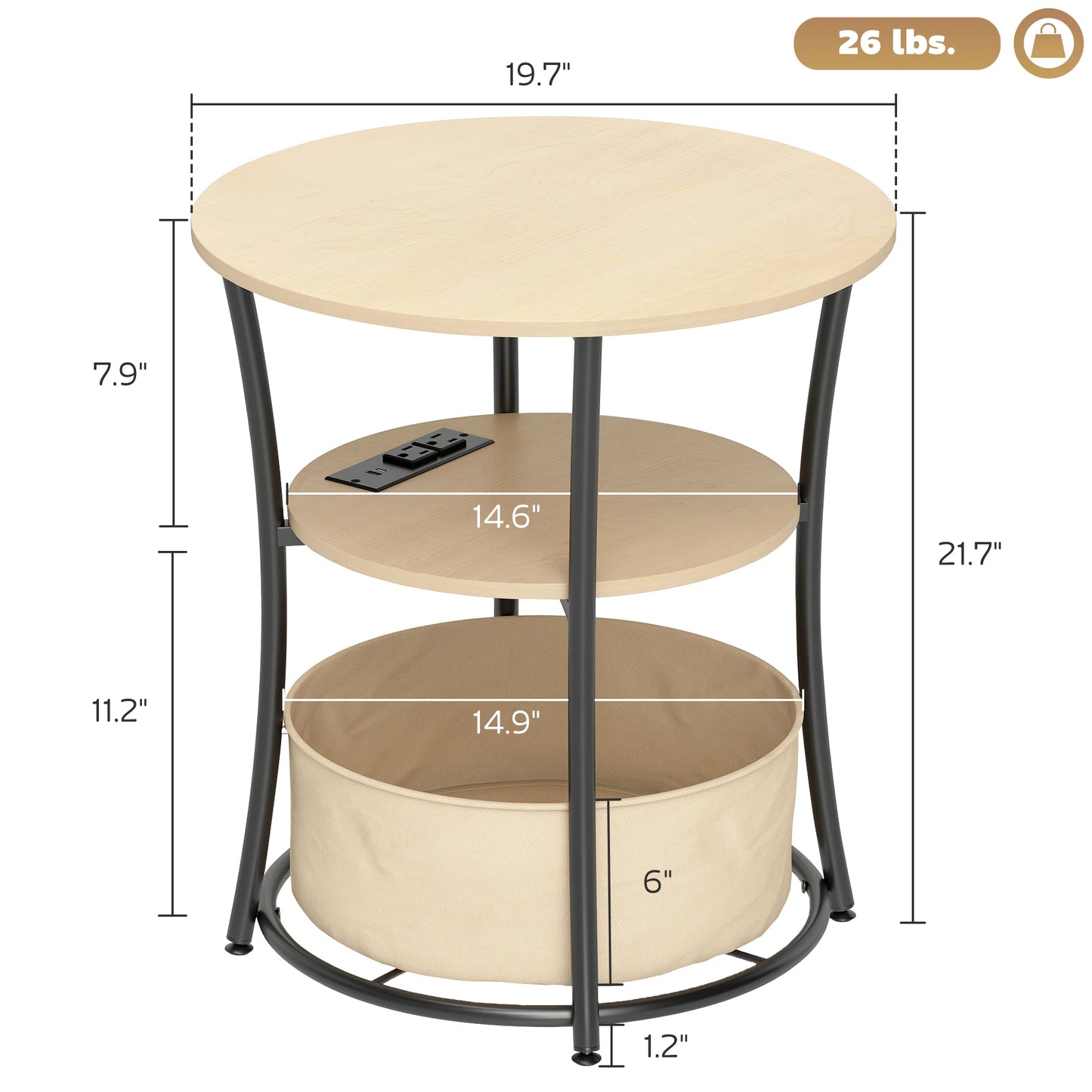 HOMCOM Round Side Table With Charging Station And Fabric Storage
