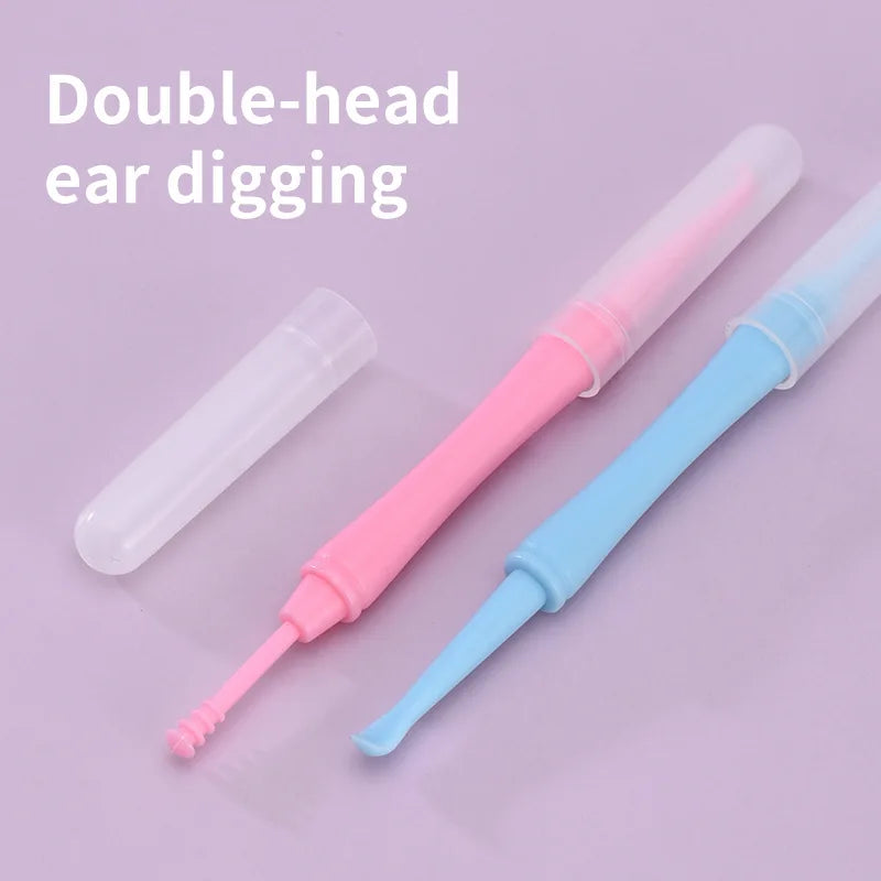 Two pastel pink and blue baby ear-cleaning tools with protective caps