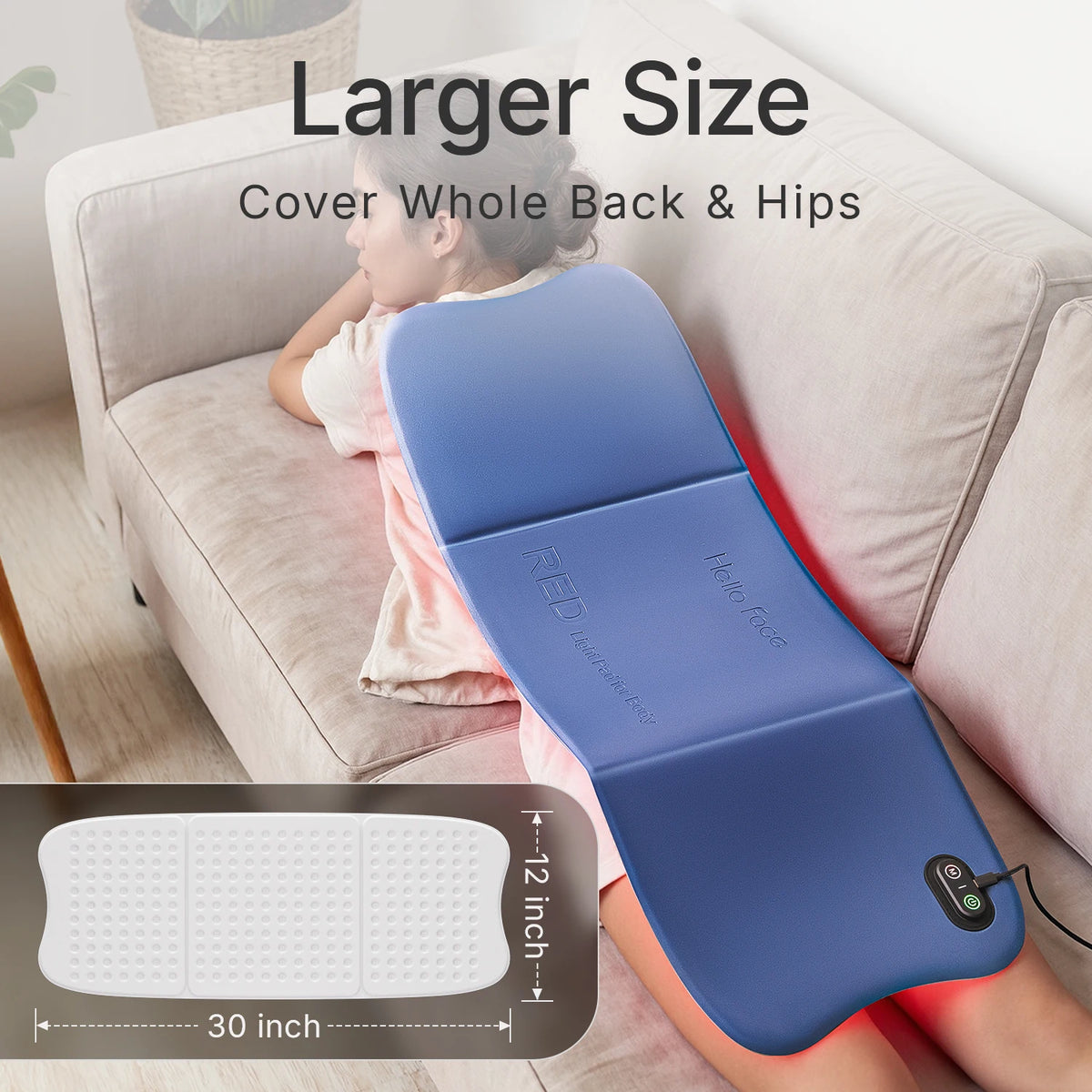 Red light therapy mat, blue cover, 30x12 inches by S And B Enterprise on a sofa