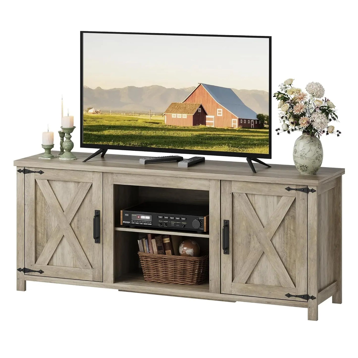 Modern Farmhouse TV Stand With X Shaped Barn Doors Storage