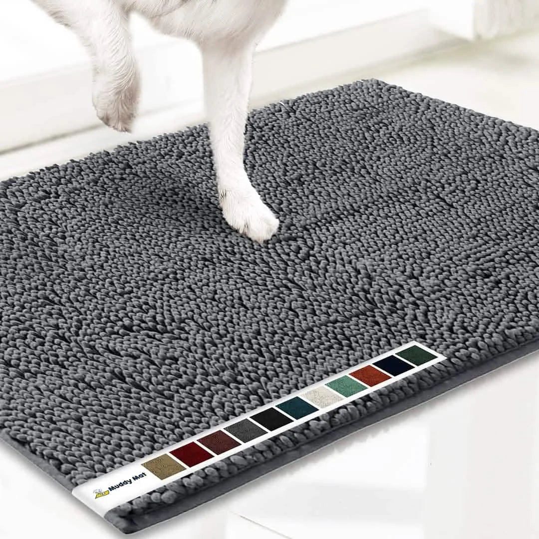 Original Muddy Mat gray microfiber doormat with paw-cleaning texture; non-slip, washable front door entrance mat