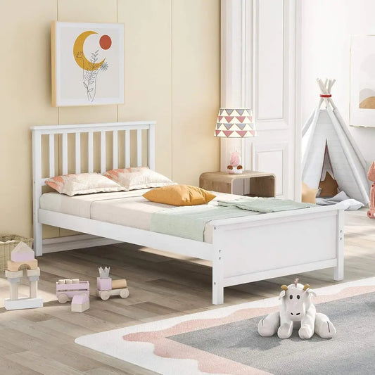 Twin size white wood platform bed frame with headboard and footboard, slat support; no box spring needed.