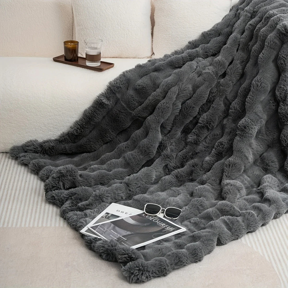 [Cozy|Faux Rabbit] Soft, Warm, 1pc Cozy Faux Rabbit Fleece Blanket | Throw for Bedroom, Guest Room, Living Room, Student Dormito