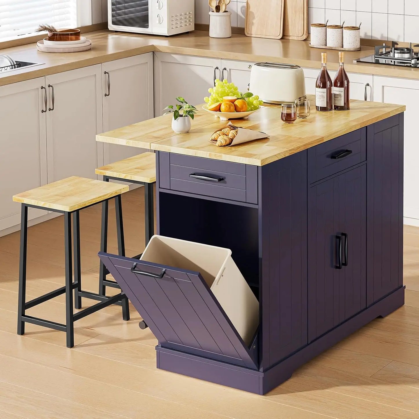 ONBRILL Stationary Kitchen Island With Storage And Two Chairs by S And B Enterprise