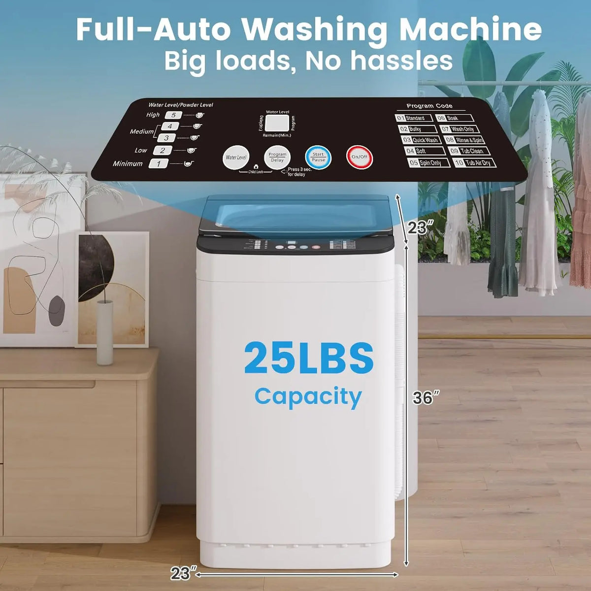Portable washing machine and dryer set, white unit with 25LBS capacity label and top-control panel
