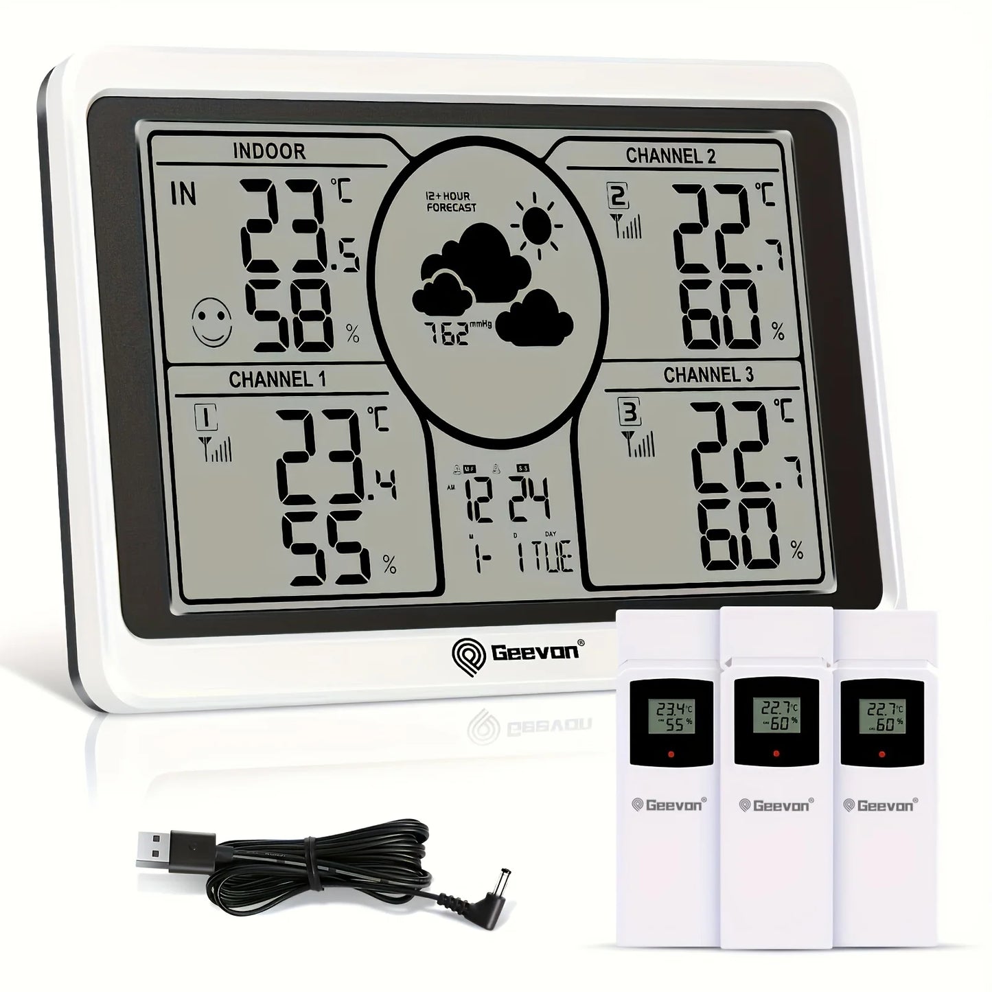 Geevon weather station with 3 wireless sensors, large white-framed LCD display and USB power cable