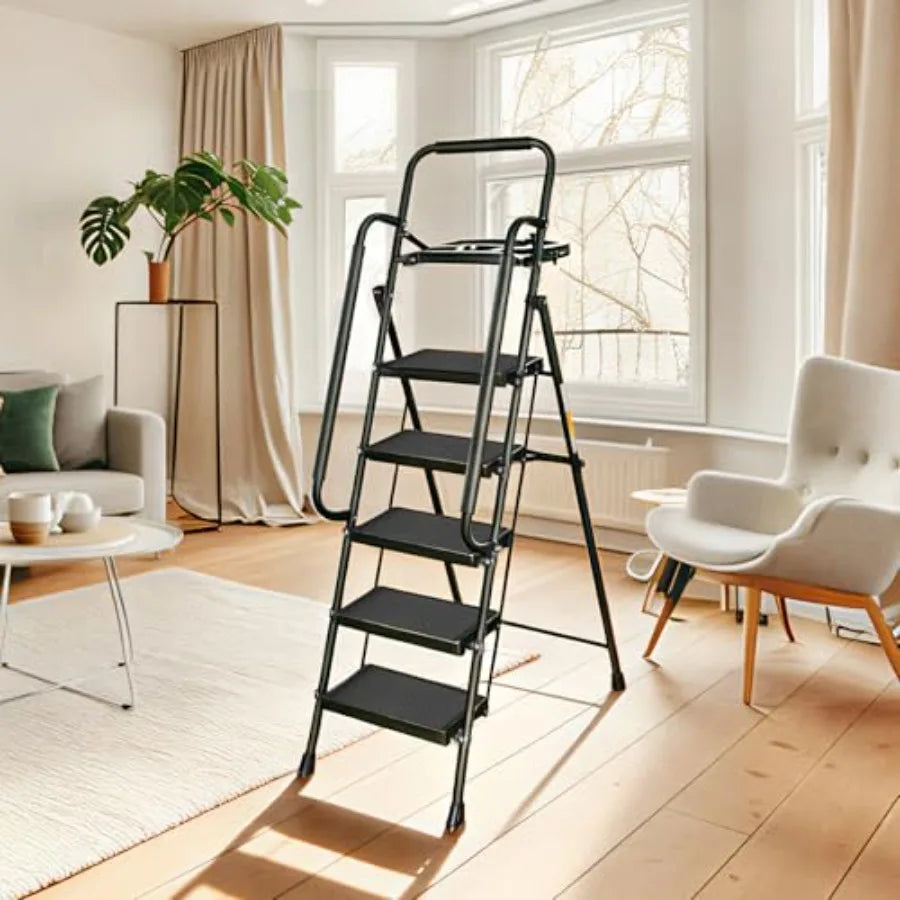 Folding step ladder by S And B Enterprise with 5-step platform, wide anti-slip pedals, black metal for indoor home use