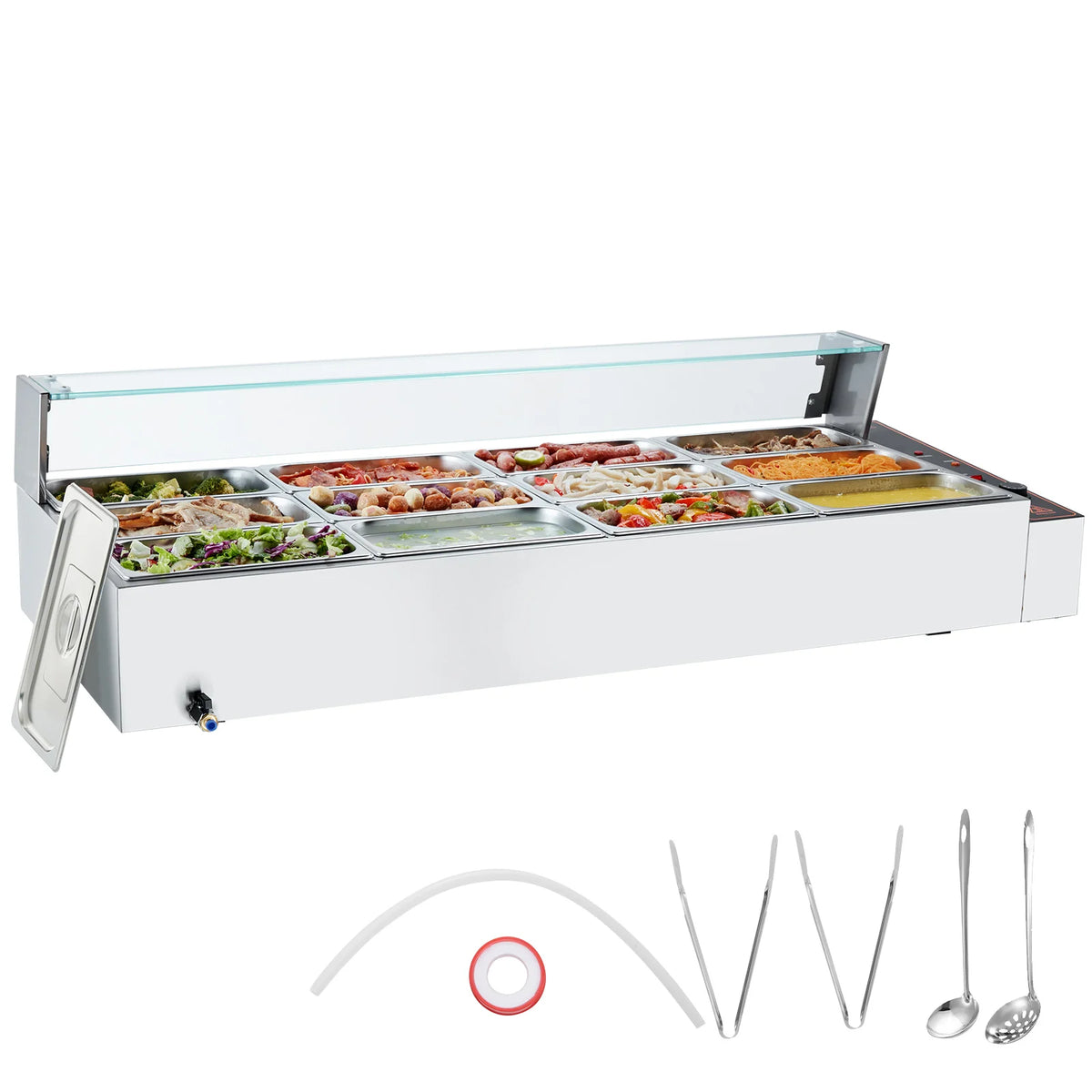 Commercial food warmer steam table by S And B Enterprise with glass lid, stainless steel body, multiple pans and utensil set