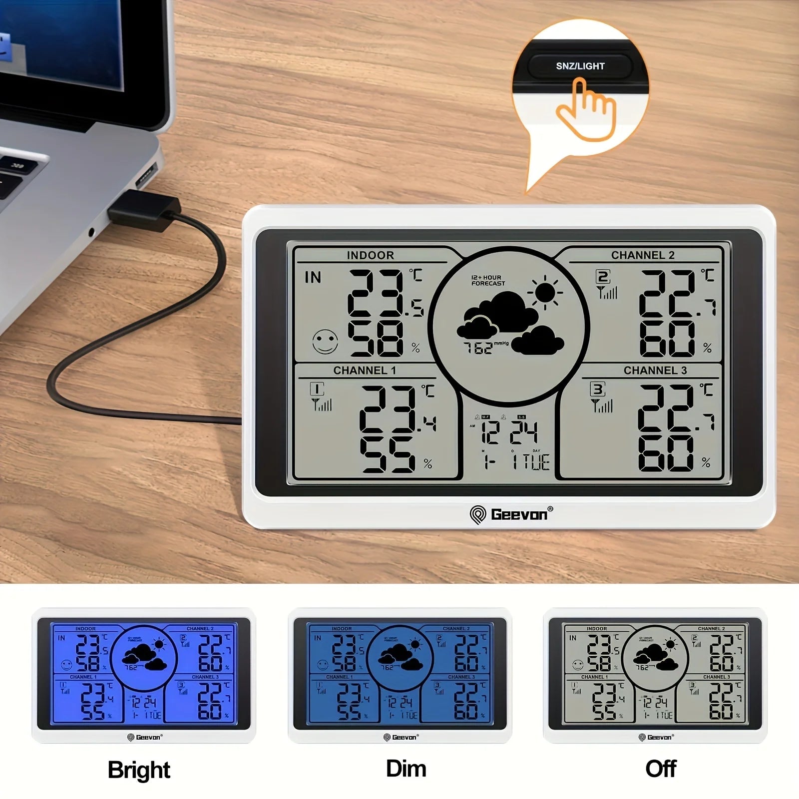 Geevon weather station with 3-sensor wireless indoor/outdoor setup, white frame and a large backlit LCD display