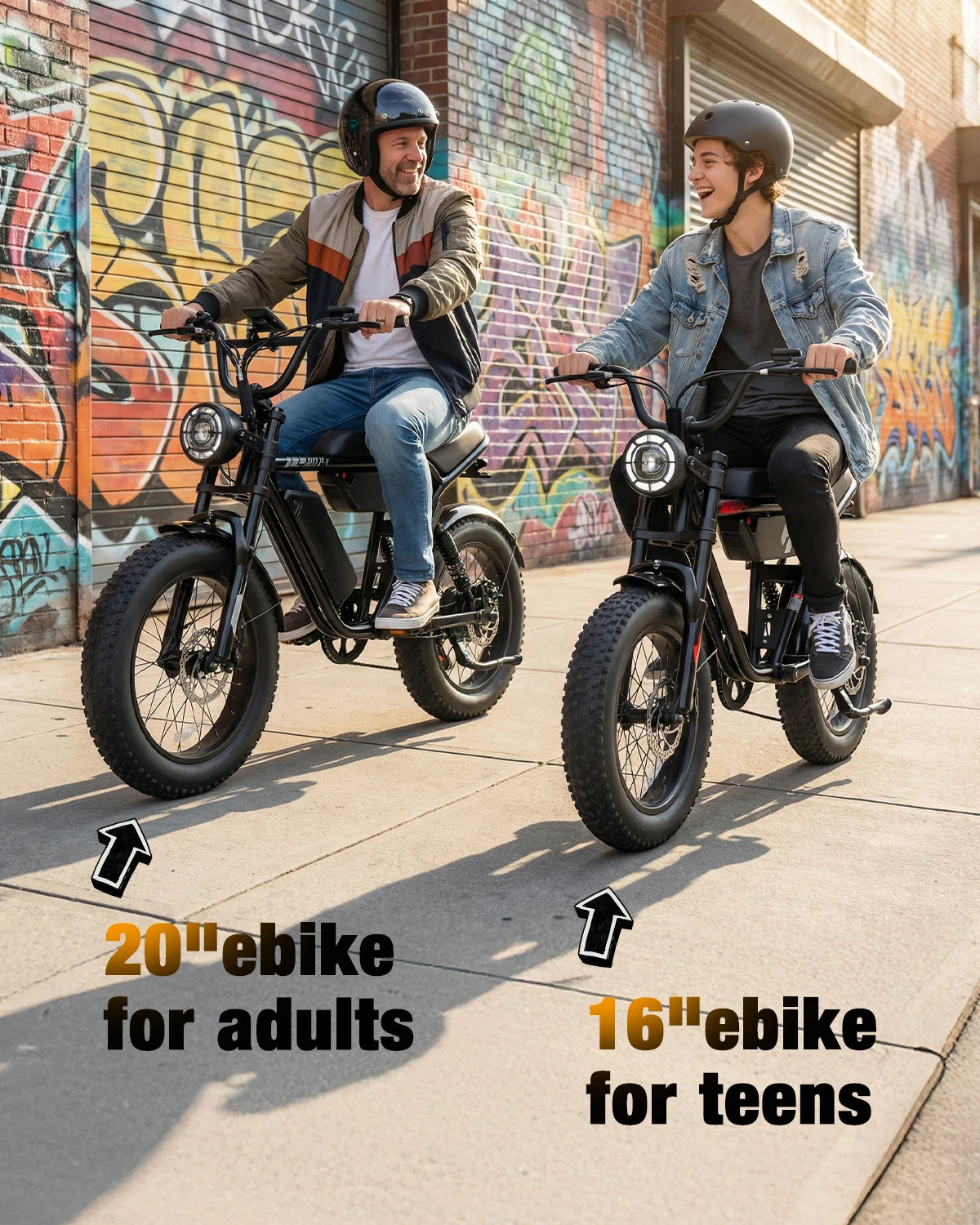 Hopepeak D10 electric bike, 16-inch fat-tire mountain bikes with full suspension, two bikes on graffiti-filled street