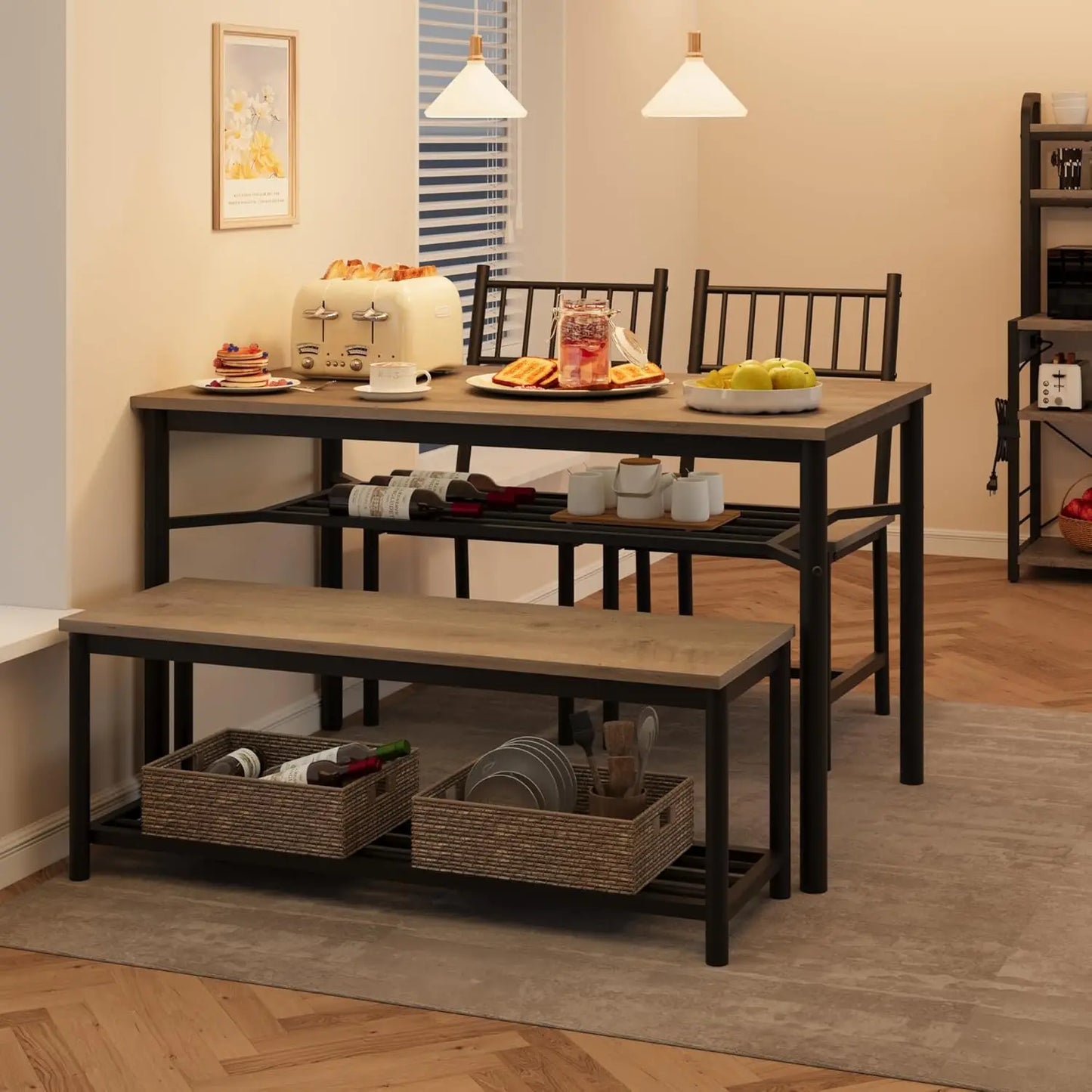 Dining Table Set For 4 With Bench And 2 Chairs 2-Tier Storage Shelf Space-Saving Kitchen Table For Breakfast Nooks Small Apartments by S And B Enterprise