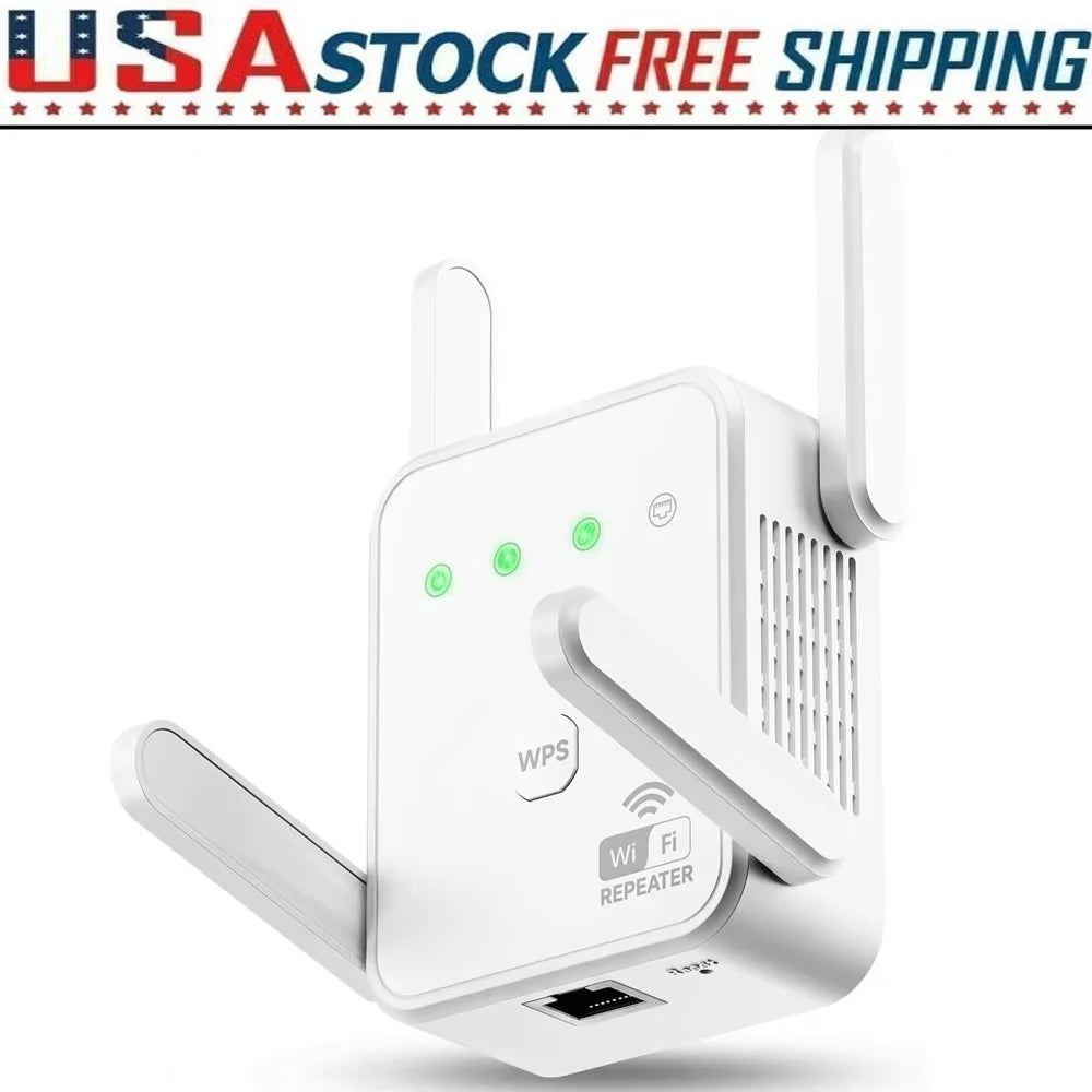 White S And B Enterprise WiFi range extender with dual antennas, WPS button and Ethernet port