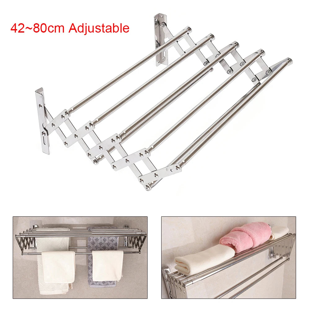 Stainless steel wall-mounted drying rack, adjustable 42–80 cm, foldable towel holder, by S And B Enterprise.