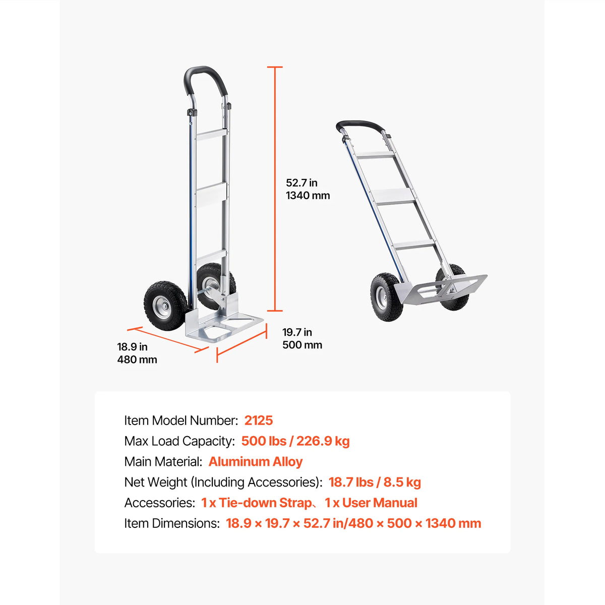 SucceBuy 500LBS Hand Truck Dolly with Non-Slip Wheels & Tie-down Strap Aluminum Alloy Portable Trolley for Moving Home Warehouse