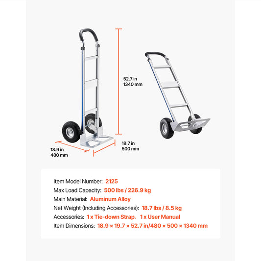 Hand truck dolly, aluminum alloy, 500 lbs capacity, non-slip wheels, tie-down strap