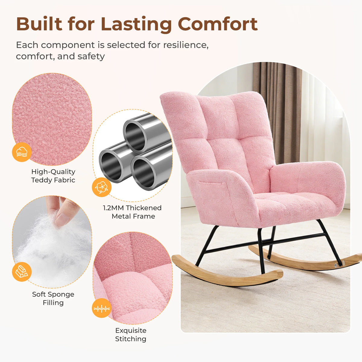 JHK Teddy Upholstered Saucer Rocking Chair in pink teddy fabric with metal frame and high backrest