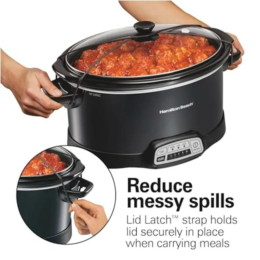7-quart programmable slow cooker by Hamilton Beach with lid latch strap, black