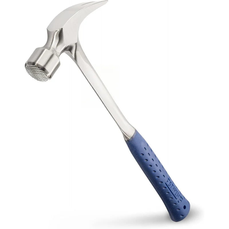 Framing hammer, 30 oz, long handle with straight rip claw, milled face, blue shock-reduction grip