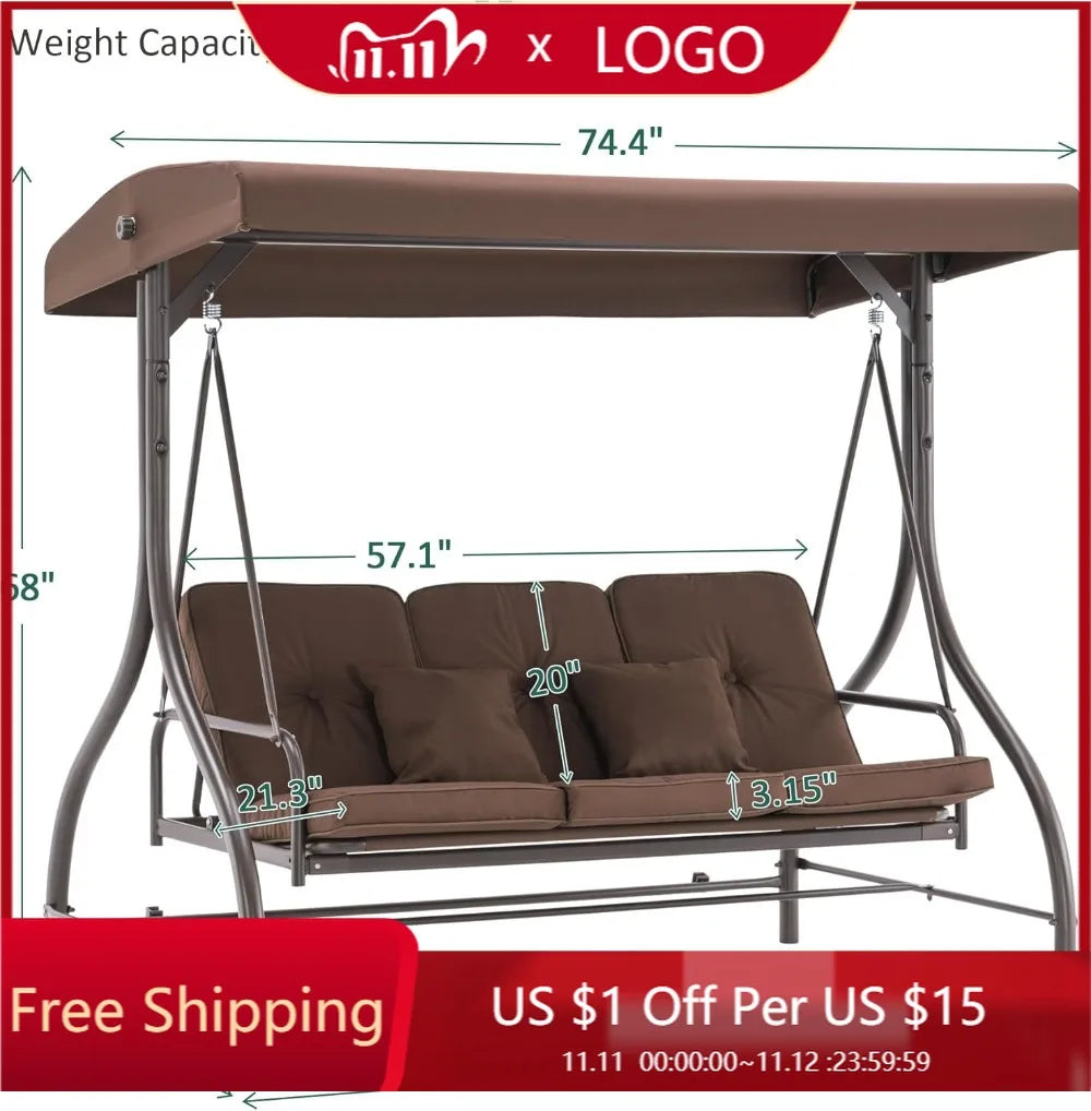 Three Seat Outdoor Patio Swing Chair With Canopy And Cushions