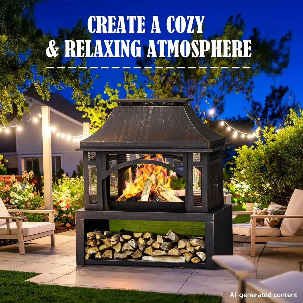 39-inch outdoor fire pit by S And B Enterprise with wood storage, chimney, mesh screen, and poker included