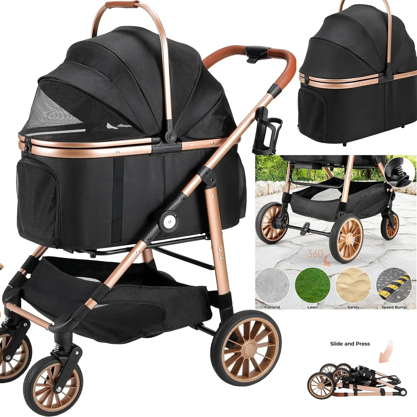 360 Degree Wheels Dog Stroller Foldable 2in1 For Pets