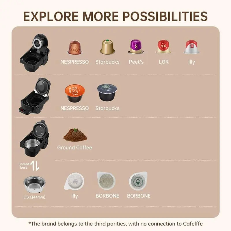 Cafelffe 4In1 Capsule Coffee Machine, 19Bar, hot and cold brew with 4 adapters for Nes Original/DG and 44mm ESE pods
