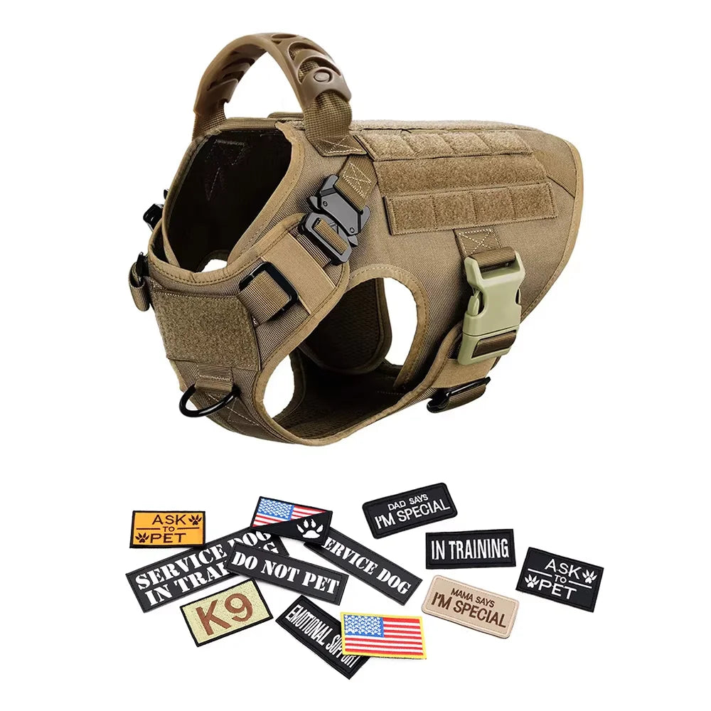 Military large tan dog harness vest with MOLLE webbing, handle, buckles, and patch set.