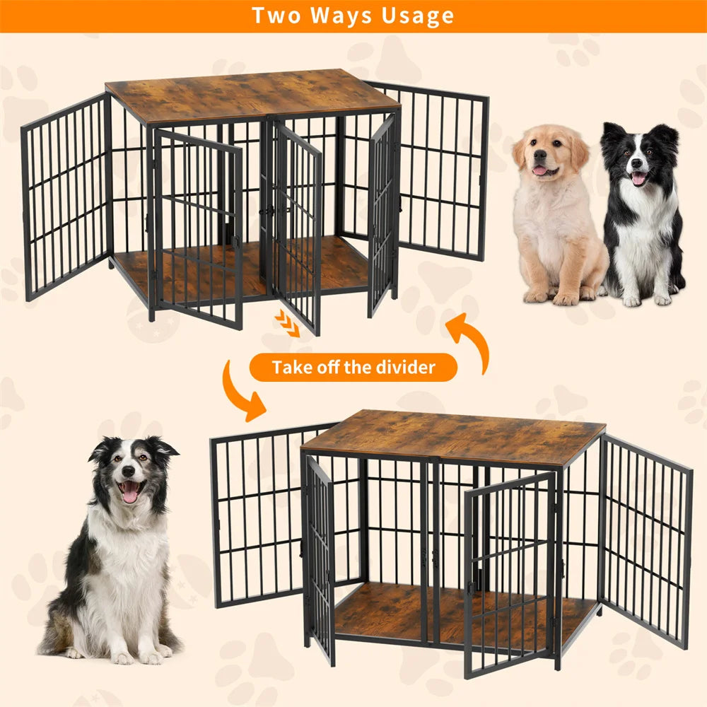 Dog crate cage with removable divider, 4 doors, for 2 small dogs or 1 large dog, black metal with wood-grain top