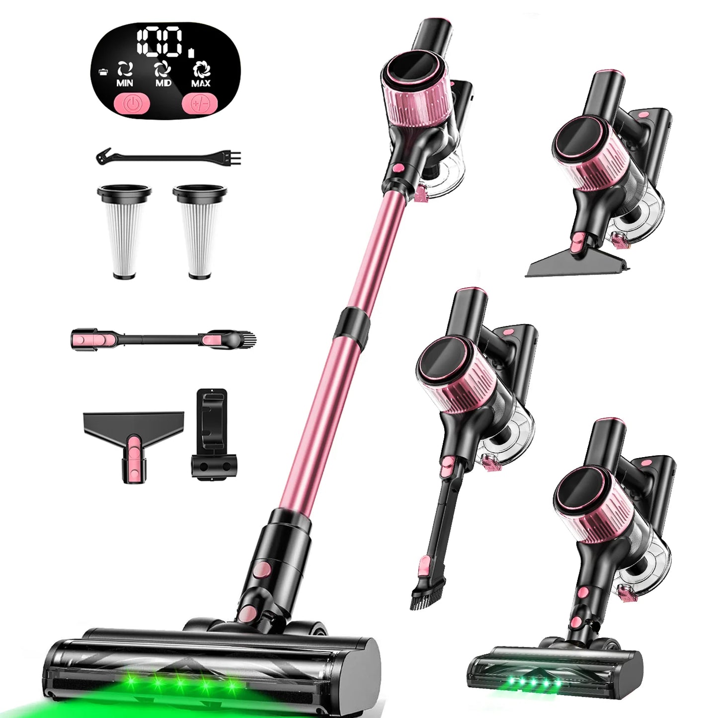 Cordless vacuum cleaner kit in pink with LED display and anti-tangle brush; includes two units.